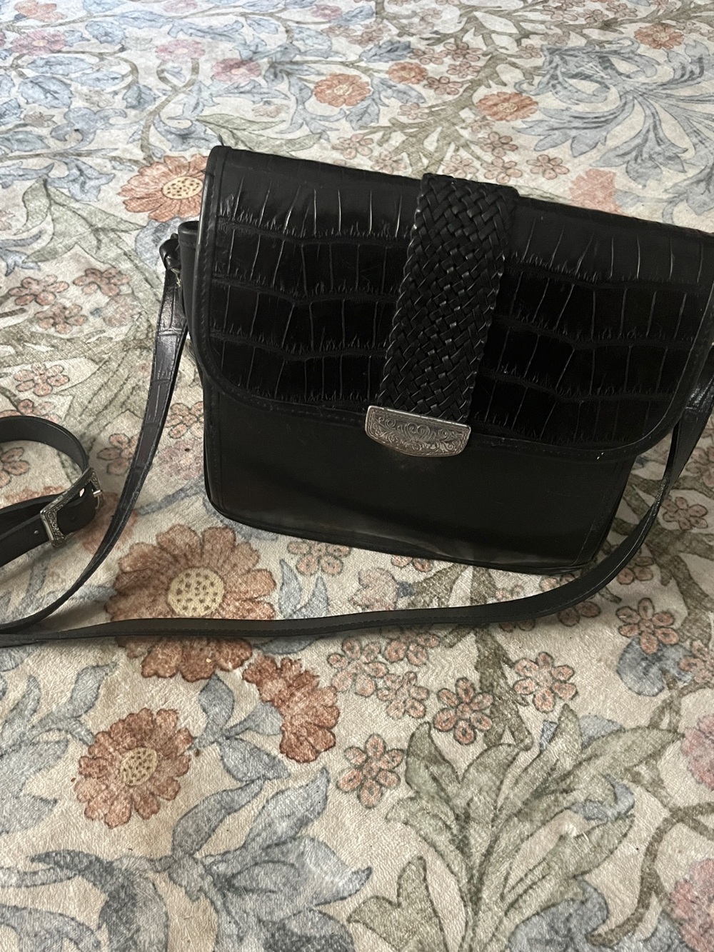 Vintage Black Leather Brighton Black Organizer Crossbody Bag with Silver